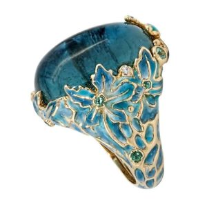 Elegant Inlaid Blue Stone Carving Enamel Flower Rings