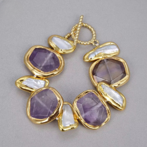 Freshwater Biwa Pearl Nugget Amethysts Gold Plated Bracelet