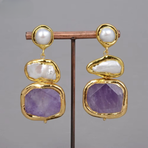 Natural Freshwater Biwa Pearl Nugget Amethysts Gold Plated Earrings
