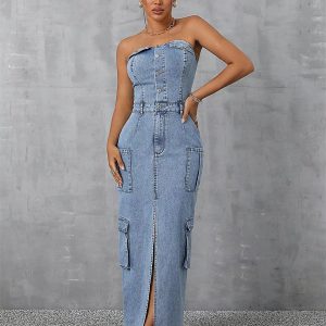 Half Button Strapless Backless Multi-pocket Split Long Cargo Bodycon Jean Dresses