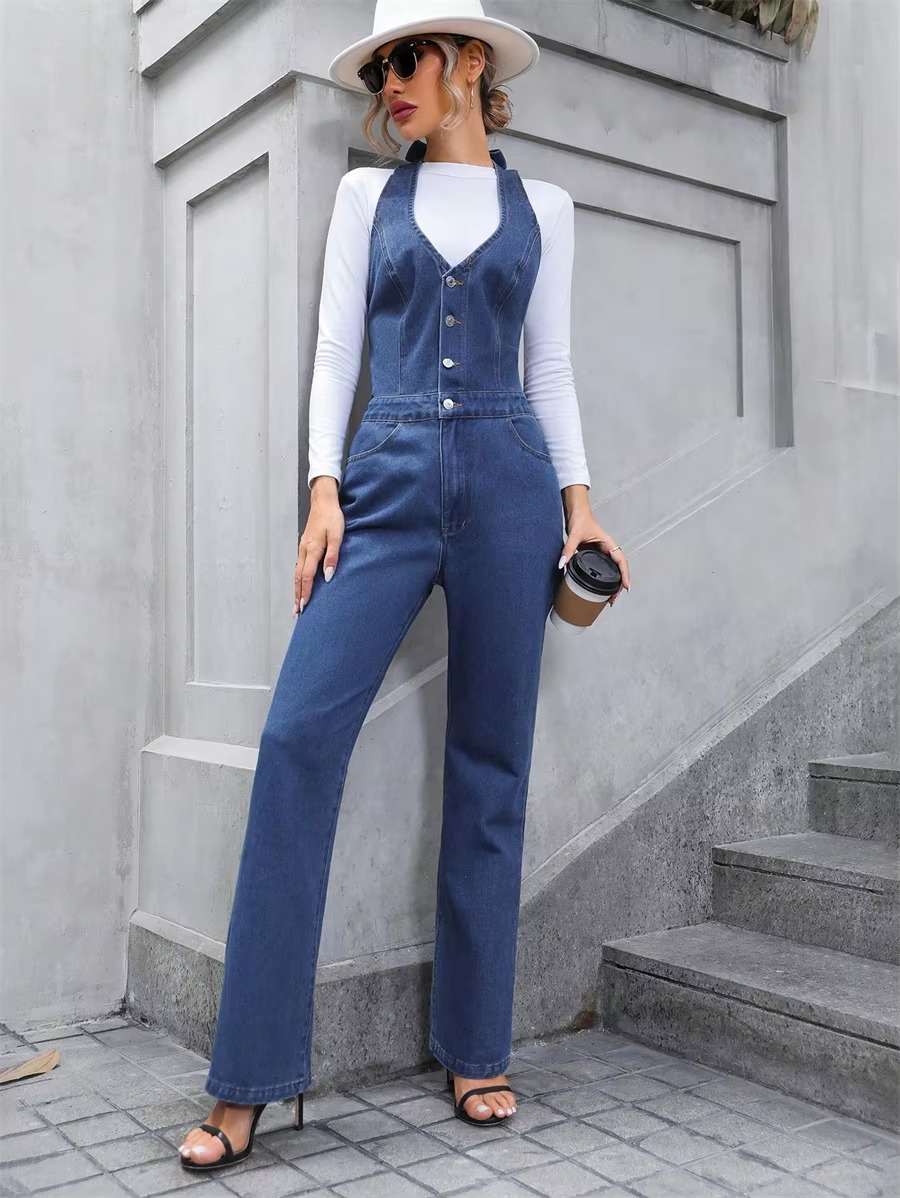 Casual Half Button V-neck Halter Denim Tie Backless High Waist Straight Wide Leg Jumpsuit - Image 2