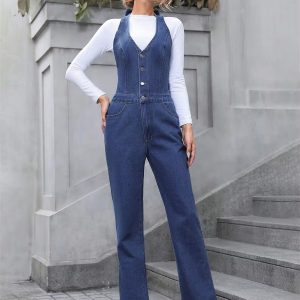 Casual Half Button V-neck Halter Denim Tie Backless High Waist Straight Wide Leg Jumpsuit