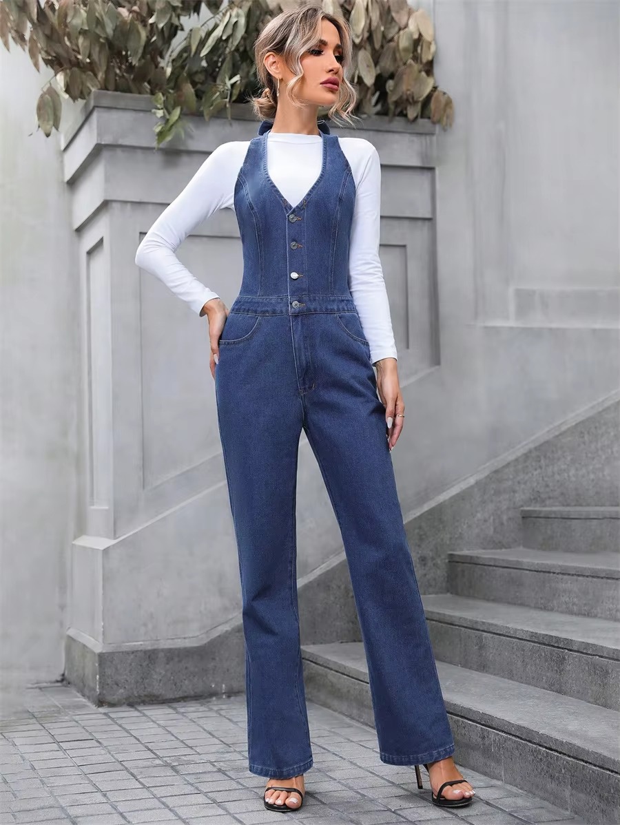 Casual Half Button V-neck Halter Denim Tie Backless High Waist Straight Wide Leg Jumpsuit