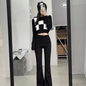Casual High Waist Elastic Skinny Velvet Plus Length Slim Thicken Fleece Flared Jeans