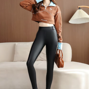 Casual Solid High Waist Slim Tight Matte Sheep Pocket PU Leather Leggings