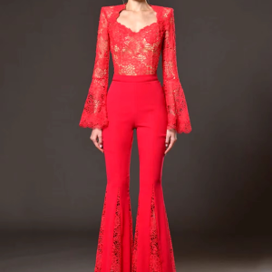 Hollow Embroidery Design V-Neck Long Sleeved Slim Fit Cocktail Party Jumpsuit