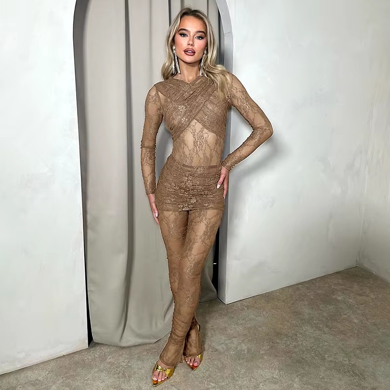 Lace Long Sleeve Romper With Skirts Two Piece Set Party Club Jumpsuit