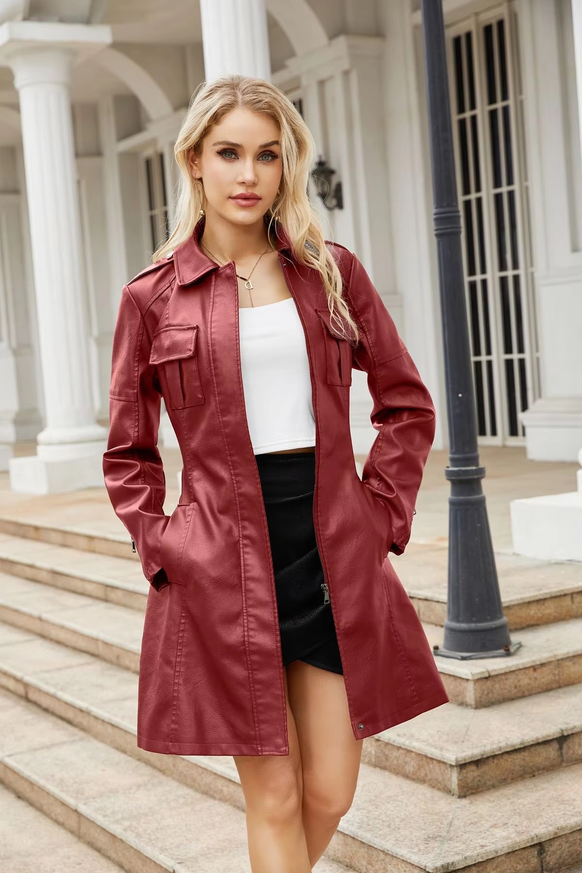 Lace-up PU Leather Long-sleeved Lapel Single-breasted Long Waist Jacket - Image 15