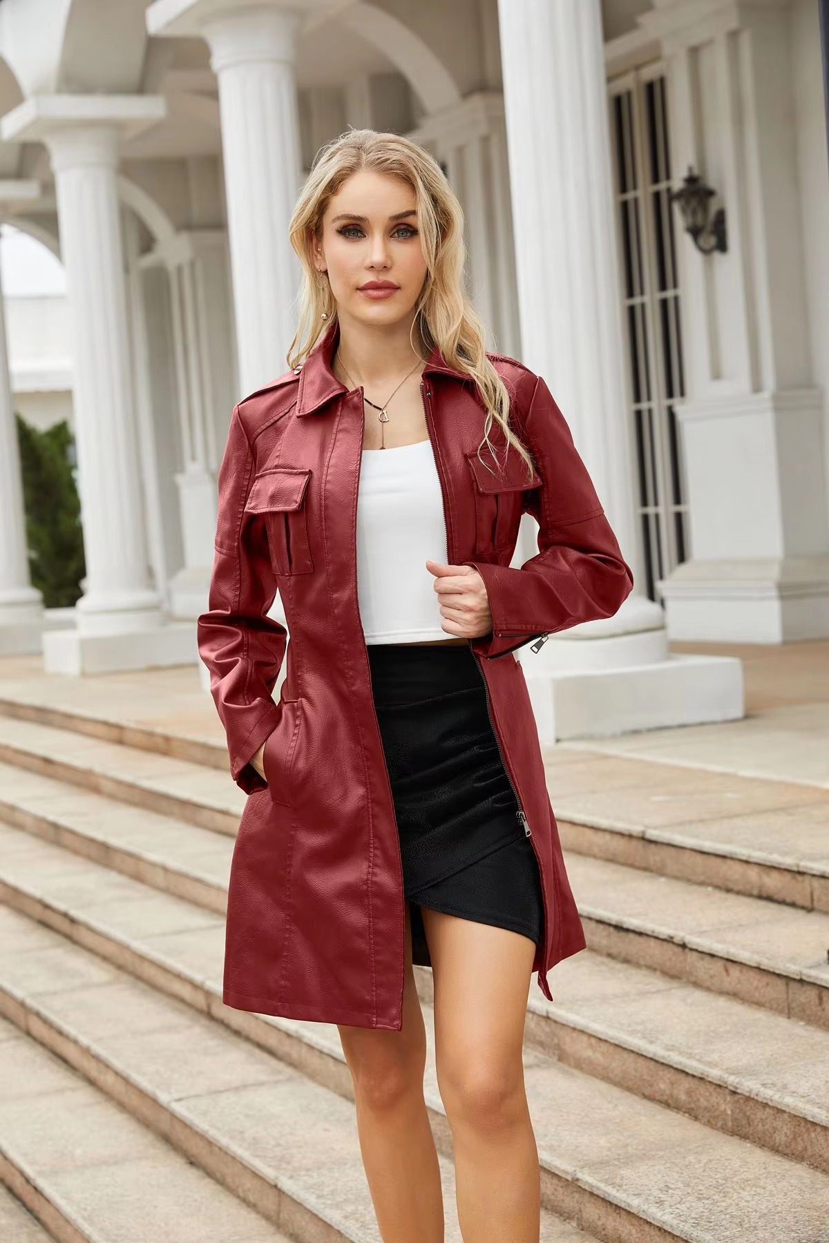 Lace-up PU Leather Long-sleeved Lapel Single-breasted Long Waist Jacket - Image 16