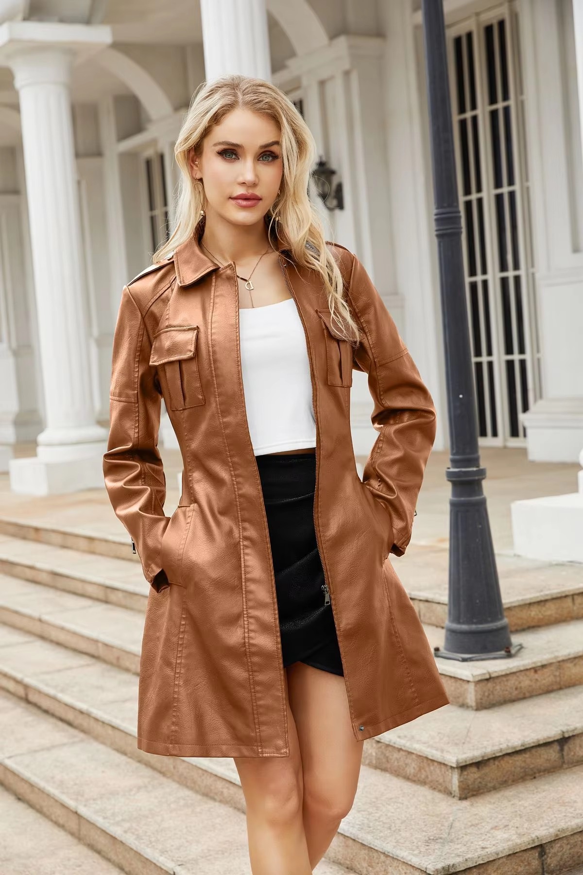 Lace-up PU Leather Long-sleeved Lapel Single-breasted Long Waist Jacket - Image 20