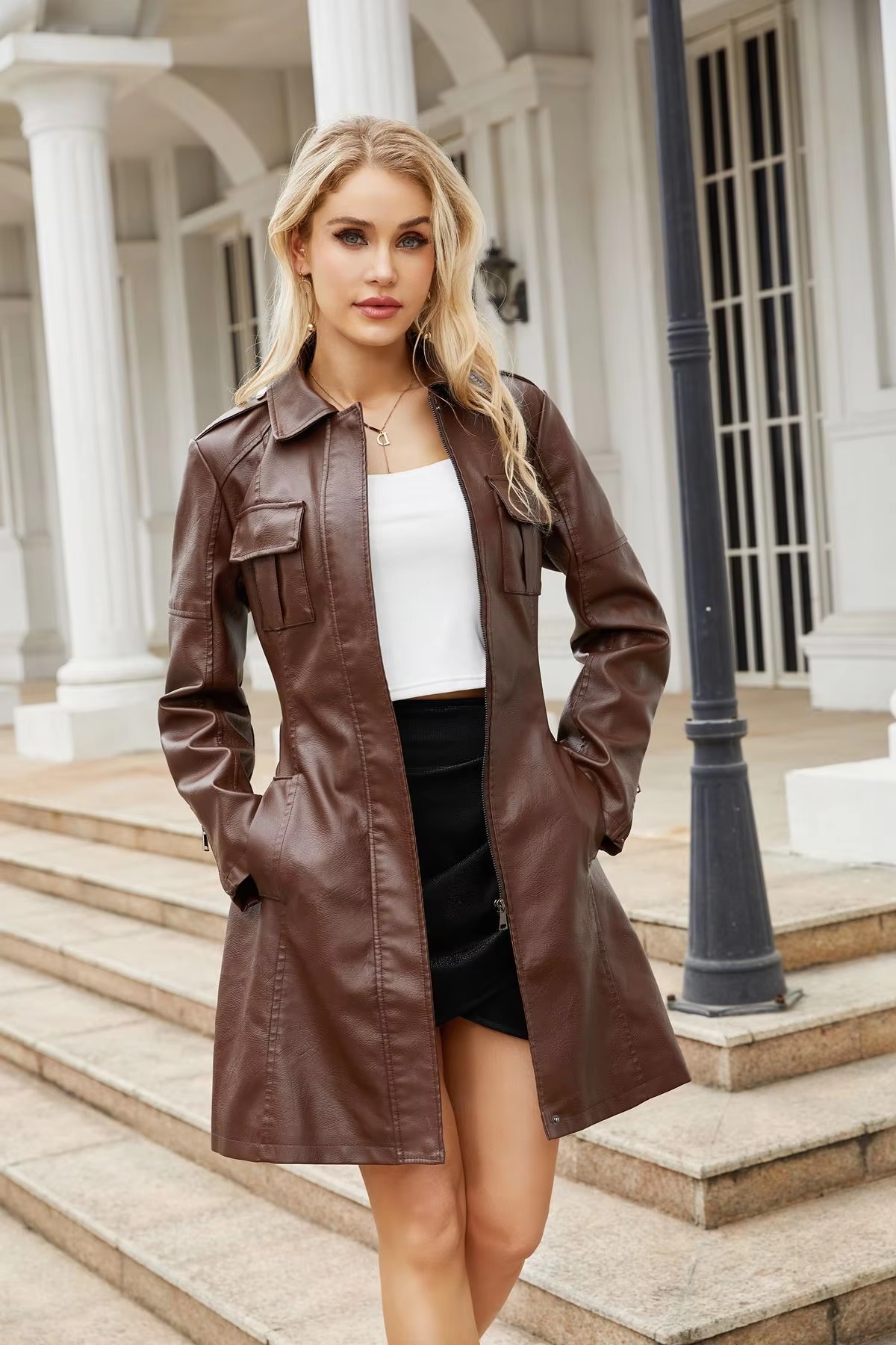 Lace-up PU Leather Long-sleeved Lapel Single-breasted Long Waist Jacket - Image 3