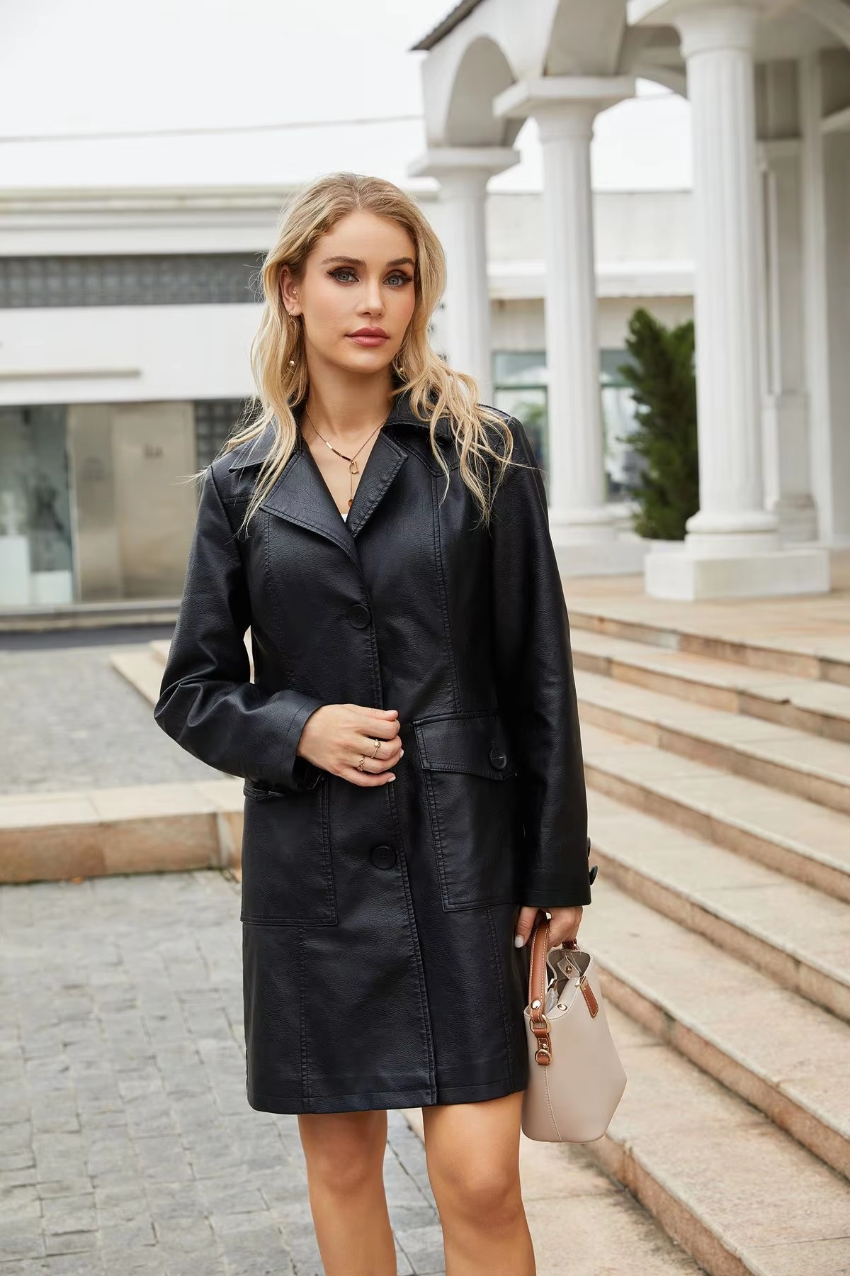 Elegant PU Leather Single-breasted Lace-up Long-sleeved Lapel Long Waist Jacket