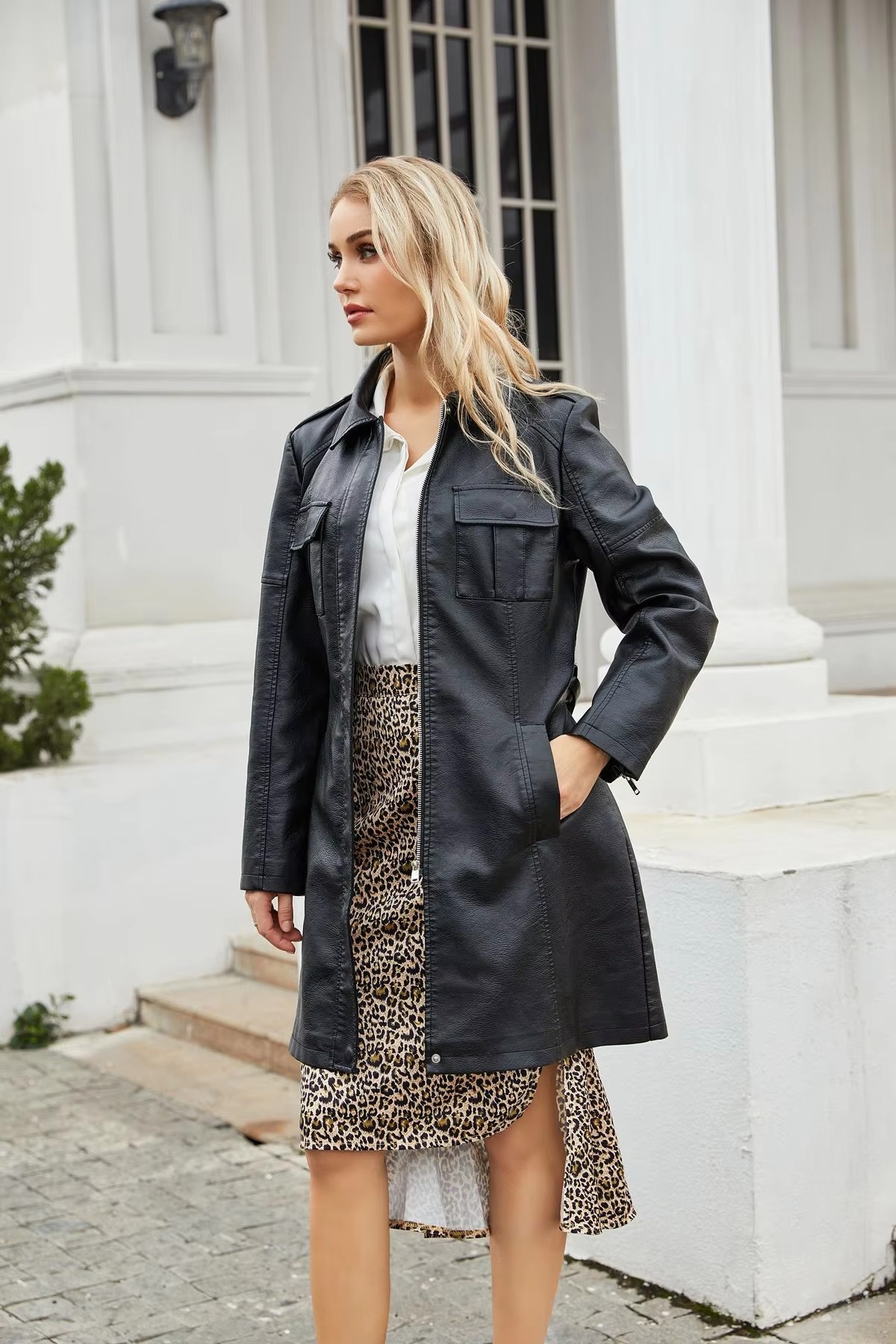 Lace-up PU Leather Long-sleeved Lapel Single-breasted Long Waist Jacket - Image 9