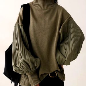Lantern Sleeve Knitted Pullover Patchwork Turtleneck Pleated Loose Sweaters