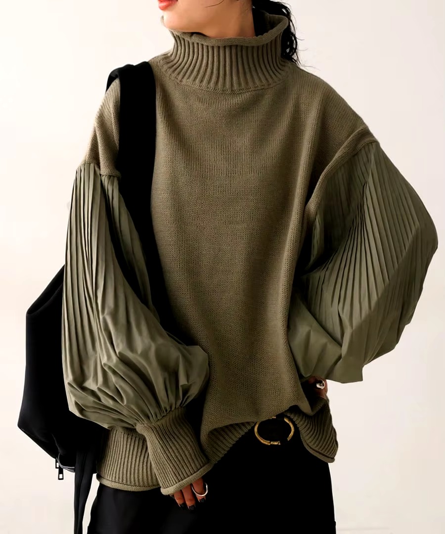 Lantern Sleeve Knitted Pullover Patchwork Turtleneck Pleated Loose Sweaters