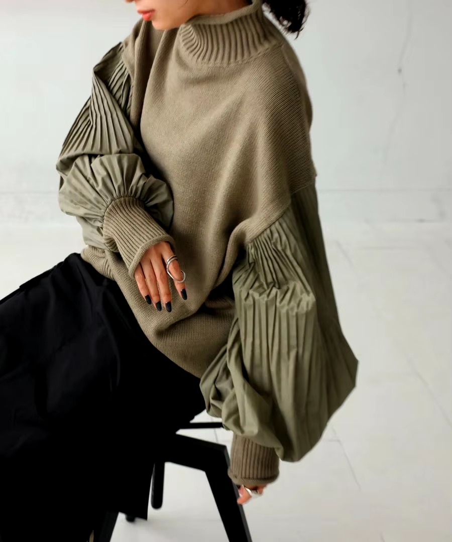 Lantern Sleeve Knitted Pullover Patchwork Turtleneck Pleated Loose Sweaters - Image 2