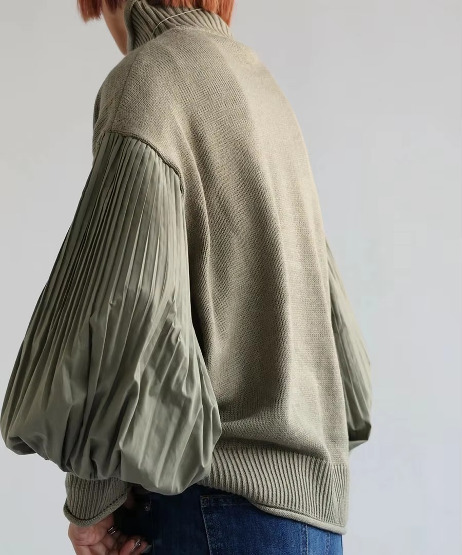 Lantern Sleeve Knitted Pullover Patchwork Turtleneck Pleated Loose Sweaters - Image 3