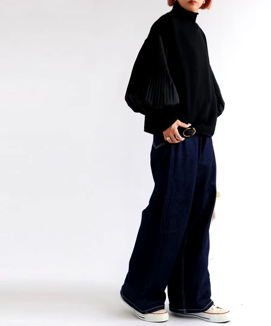 Lantern Sleeve Knitted Pullover Patchwork Turtleneck Pleated Loose Sweaters - Image 5