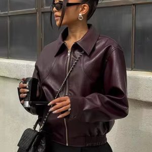 Lapel Long Sleeved Short Leather Slim Street Party Outwears Jacket