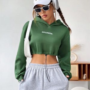 Letter Print Long Sleeve Drawstring Streetwear Cropped Hoodies Sweatshirt