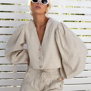 Loose Linen Long Sleeve Shirt With High Waist Shorts 2 Piece Sets