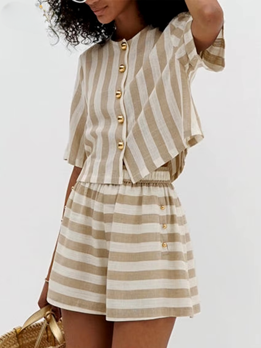 Casual Shirt With High Waist Shorts Loose Stripe 2 Piece Sets - Image 3