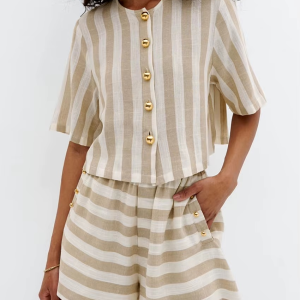 Casual Shirt With High Waist Shorts Loose Stripe 2 Piece Sets