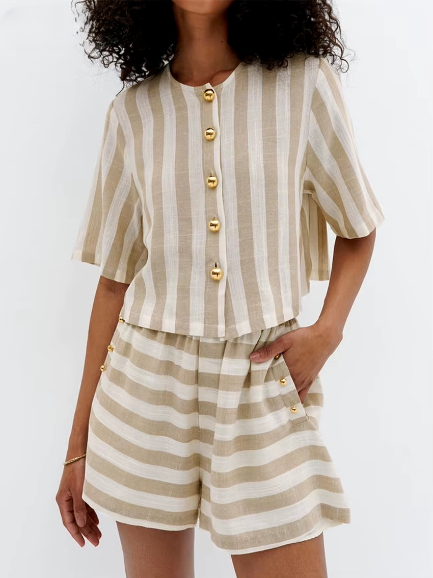 Casual Shirt With High Waist Shorts Loose Stripe 2 Piece Sets