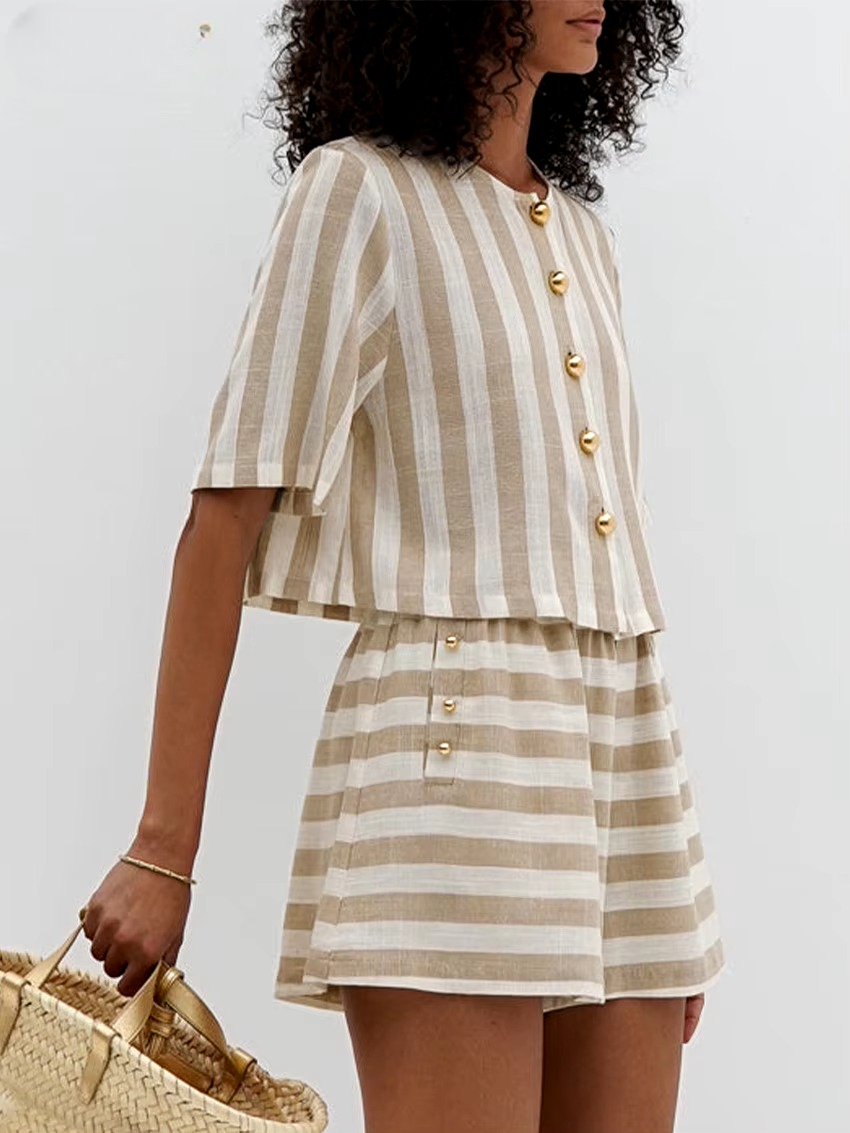 Casual Shirt With High Waist Shorts Loose Stripe 2 Piece Sets - Image 2