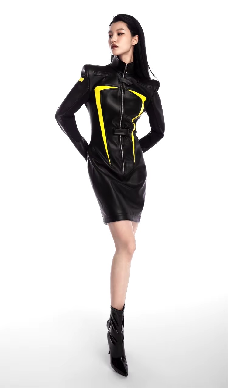 Luxury Designer Patchwork Full Sleeve Faux Leather High Street Mini Dress - Image 2