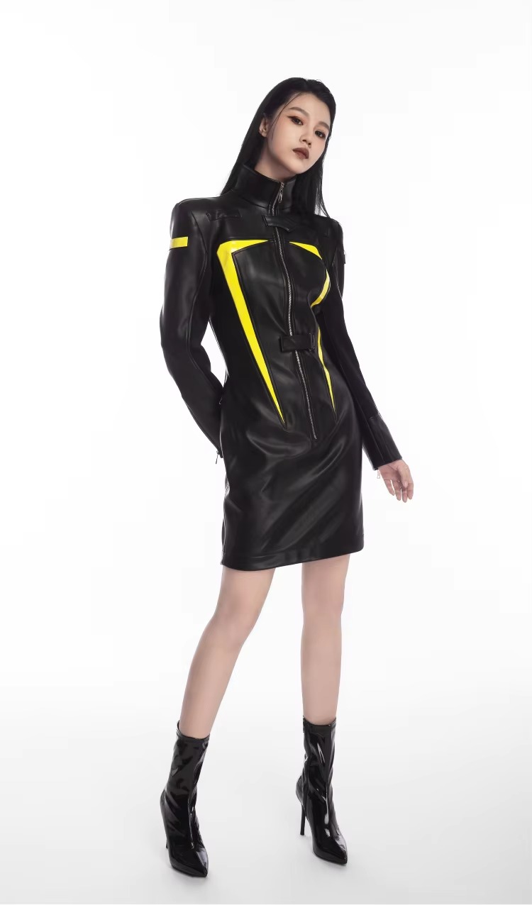 Luxury Designer Patchwork Full Sleeve Faux Leather High Street Mini Dress