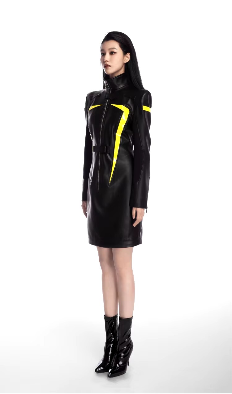 Luxury Designer Patchwork Full Sleeve Faux Leather High Street Mini Dress - Image 3