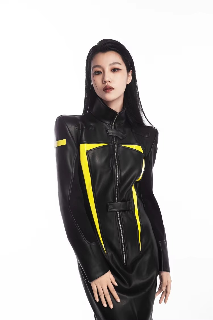 Luxury Designer Patchwork Full Sleeve Faux Leather High Street Mini Dress - Image 5