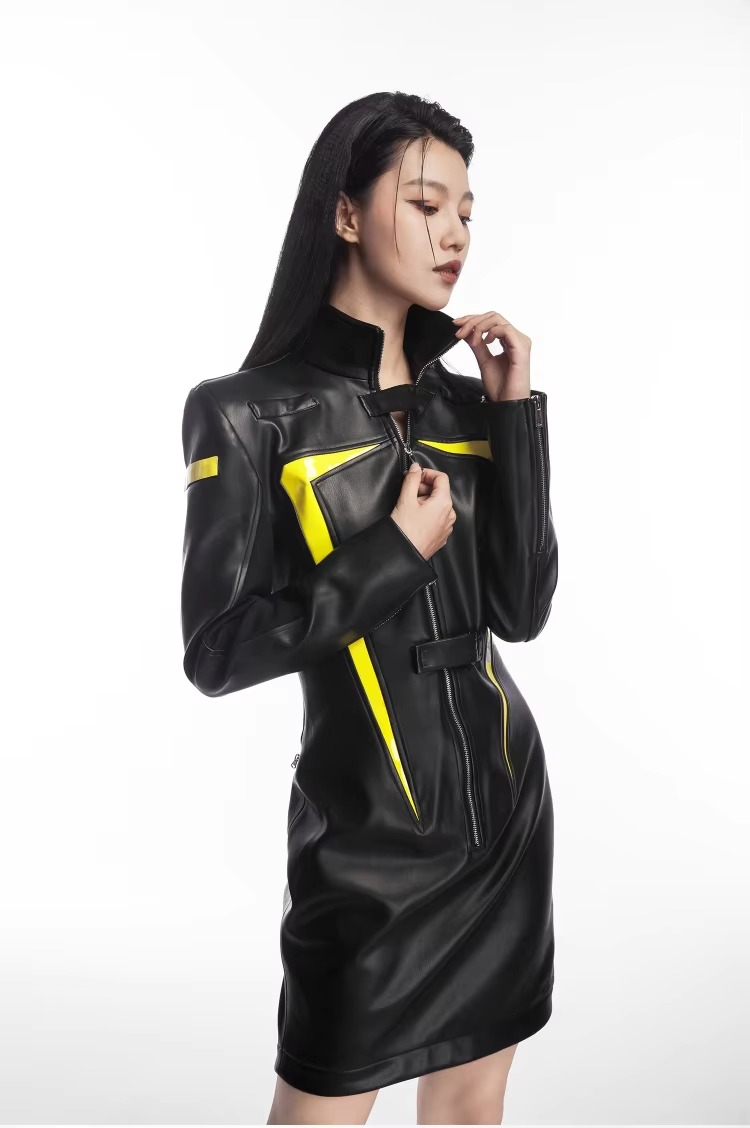 Luxury Designer Patchwork Full Sleeve Faux Leather High Street Mini Dress - Image 6
