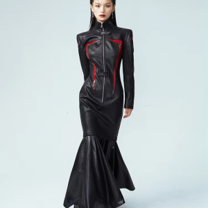 Luxury Designer stand Collar Patchwork Full Sleeve Leather Maxi Dress