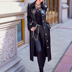 Luxury Elegant Fitted Patchwork Pu Leather Single Breasted Runway Trench Coat