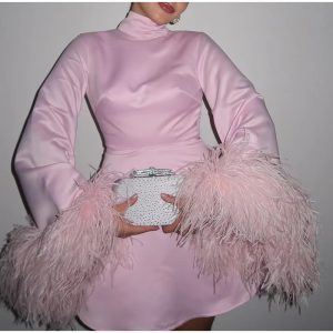 Luxury Feather Long Sleeve Half Collar High Waist Mini Dress
