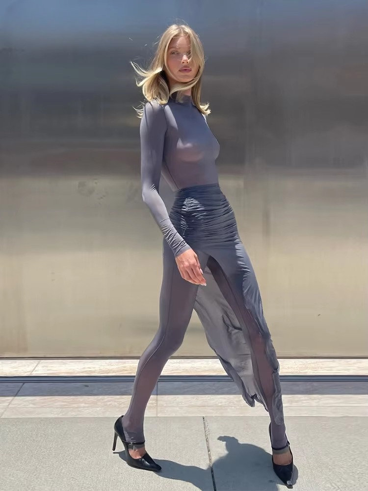 Mesh Thin Solid Sheer Skinny Zip-up O-neck Overalls With Split Maxi Clubwear Jumpsuits - Image 6