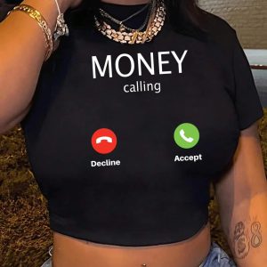 Money Calling Print Round Neck Short Sleeve Crop Top