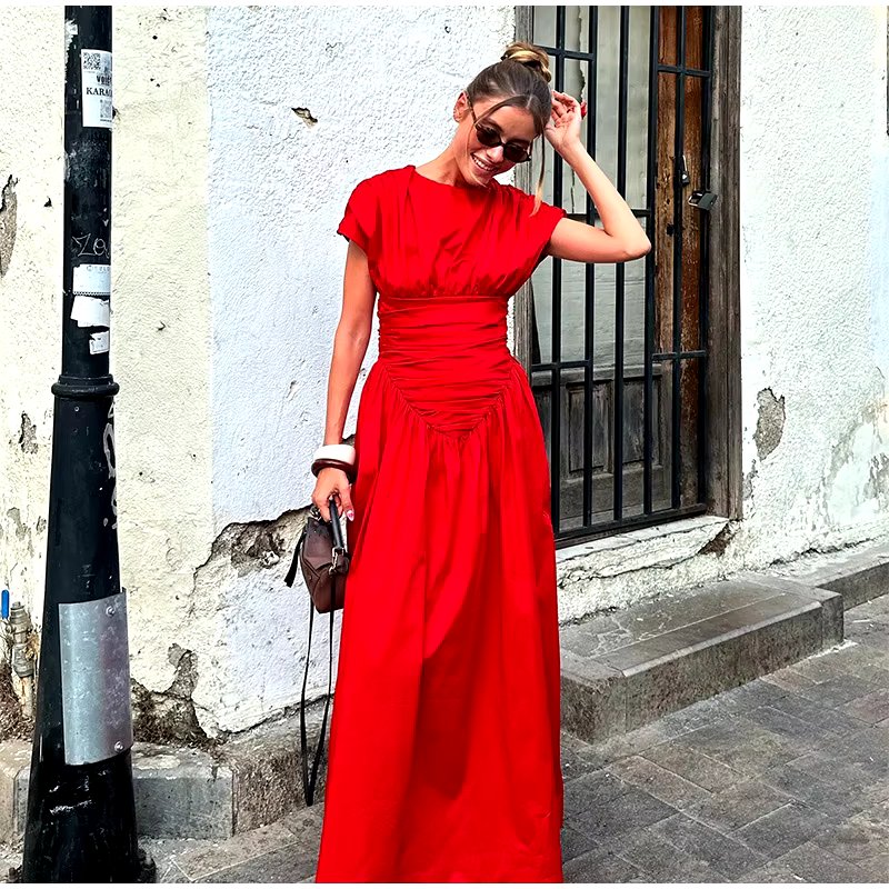 O-Neck Fashion Short Sleeve Pleated High Waisted Vestido Chic Elegant Maxi Dresses - Image 2