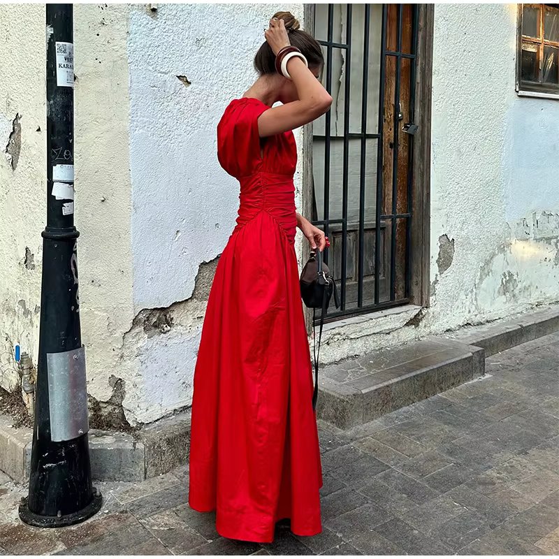 O-Neck Fashion Short Sleeve Pleated High Waisted Vestido Chic Elegant Maxi Dresses - Image 3