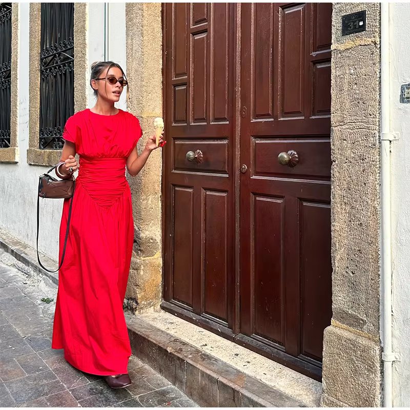 O-Neck Fashion Short Sleeve Pleated High Waisted Vestido Chic Elegant Maxi Dresses - Image 5