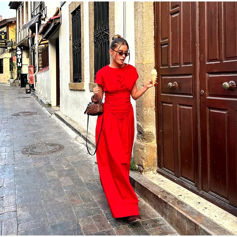 O-Neck Fashion Short Sleeve Pleated High Waisted Vestido Chic Elegant Maxi Dresses - Image 7