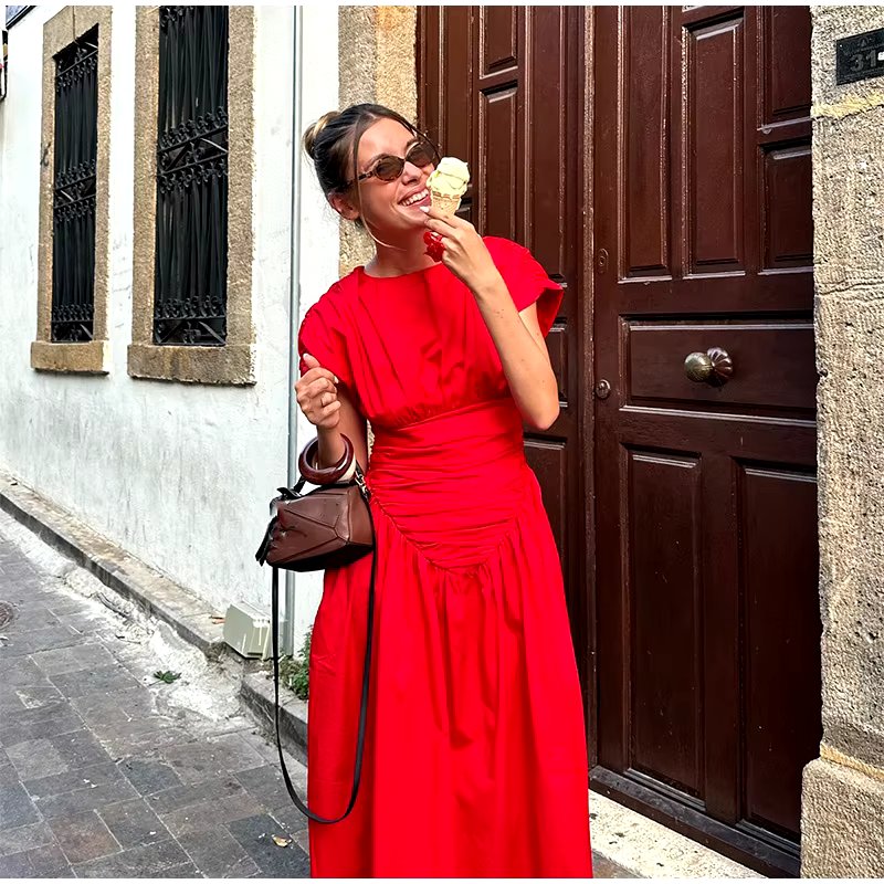 O-Neck Fashion Short Sleeve Pleated High Waisted Vestido Chic Elegant Maxi Dresses - Image 6