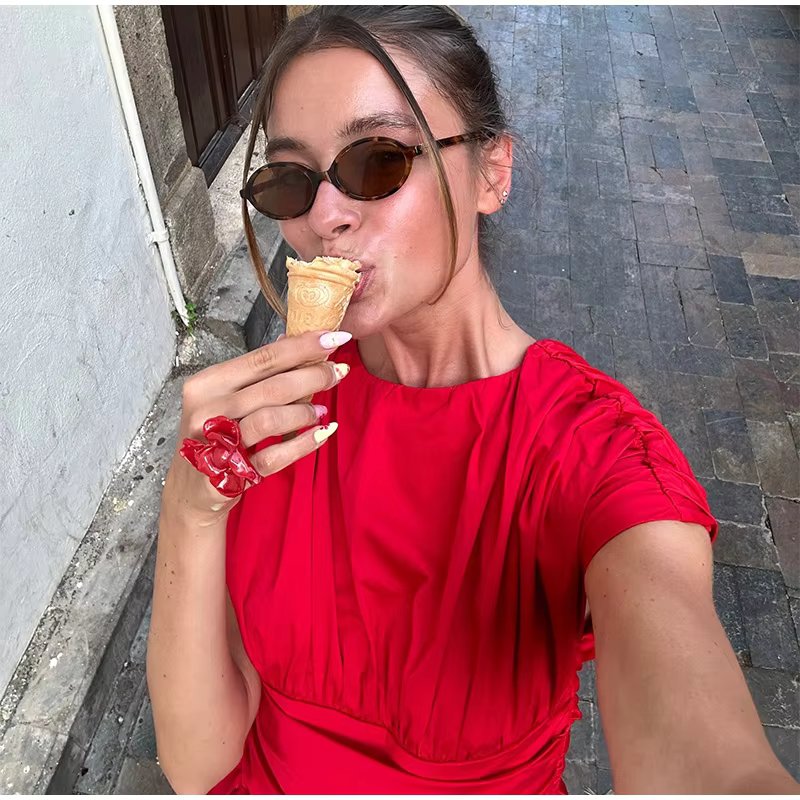 O-Neck Fashion Short Sleeve Pleated High Waisted Vestido Chic Elegant Maxi Dresses - Image 9