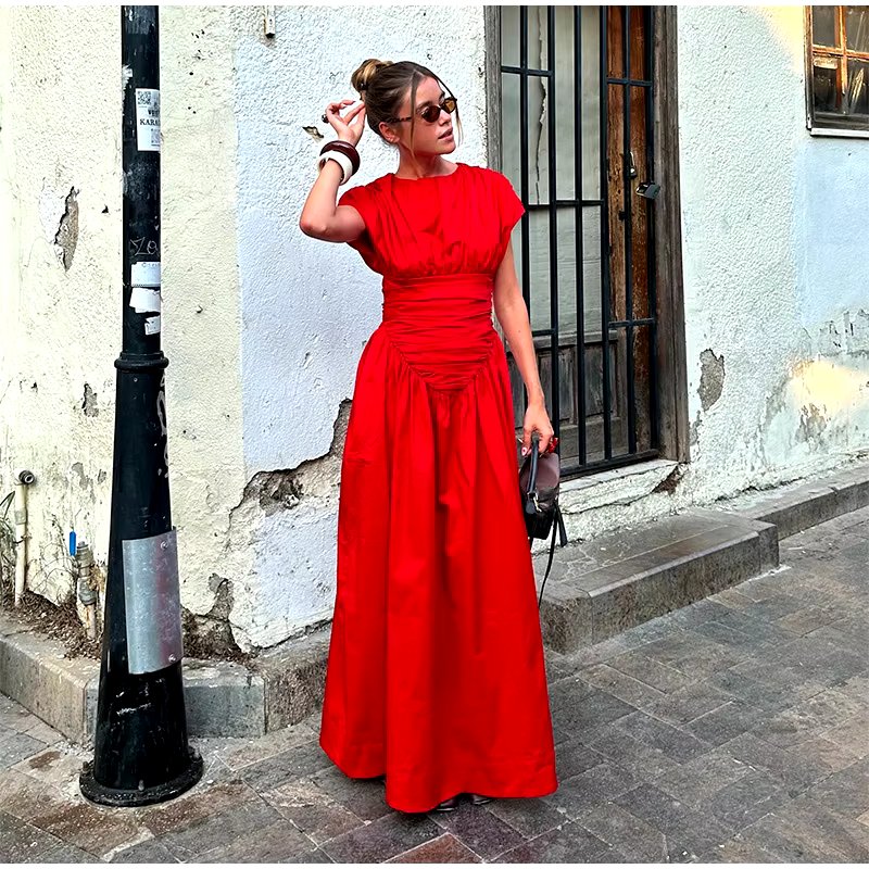 O-Neck Fashion Short Sleeve Pleated High Waisted Vestido Chic Elegant Maxi Dresses