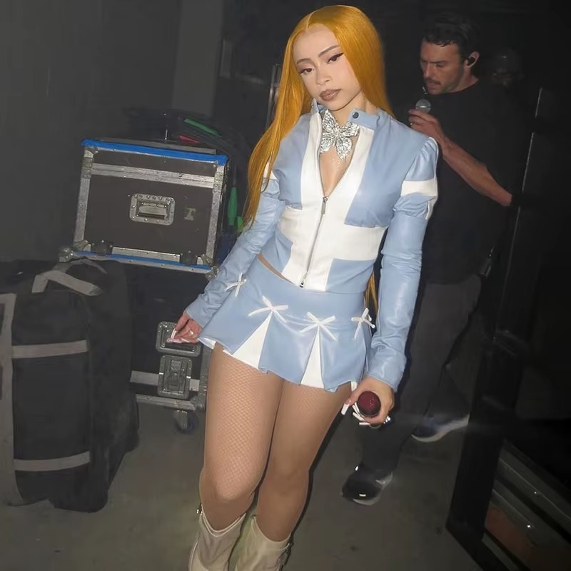 PU Faux Leather Jackets Top And High Waist Pleated Mini Skirt 2 Piece Set - Image 6