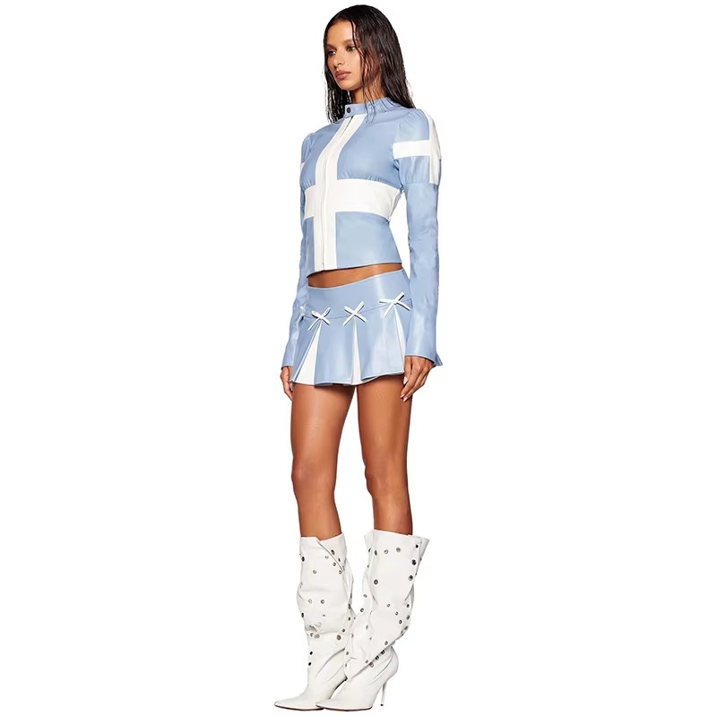 PU Faux Leather Jackets Top And High Waist Pleated Mini Skirt 2 Piece Set - Image 2