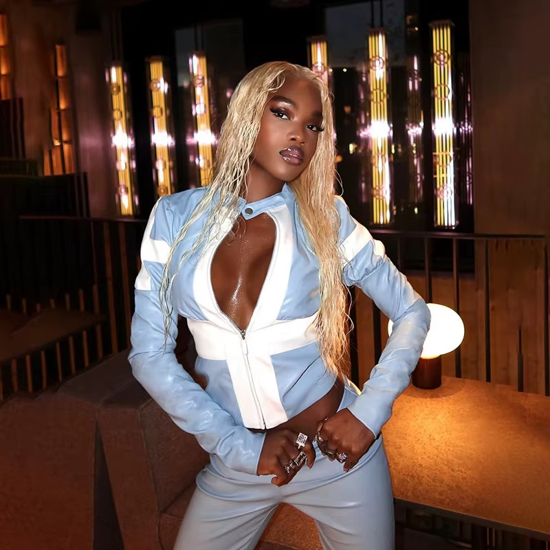 PU Faux Leather Jackets Top And High Waist Pleated Mini Skirt 2 Piece Set - Image 4