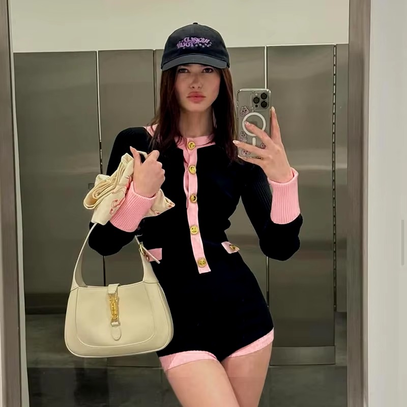 Patchwork Buttons O Neck Long Sleeve Slim Rompers Basics Bodycon Shorts Jumpsuits - Image 3